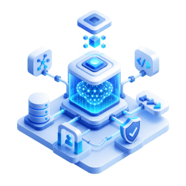 Isometric illustration of agentic AI system connected to cloud, data, workflow and security controls